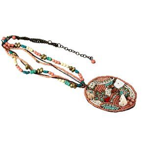 Beaded Multicolor Pendant Necklace Coral Turquoise Gold Colors Shell Accents